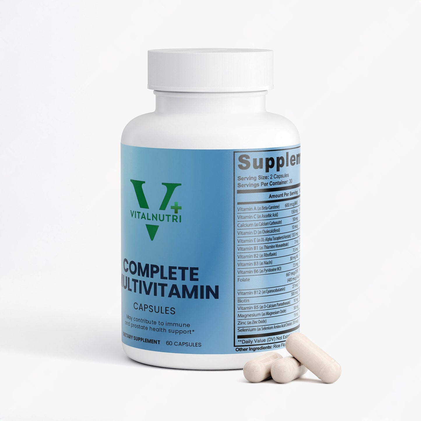 Vitalnutri complete multivitamin bottle with capsules on a white background