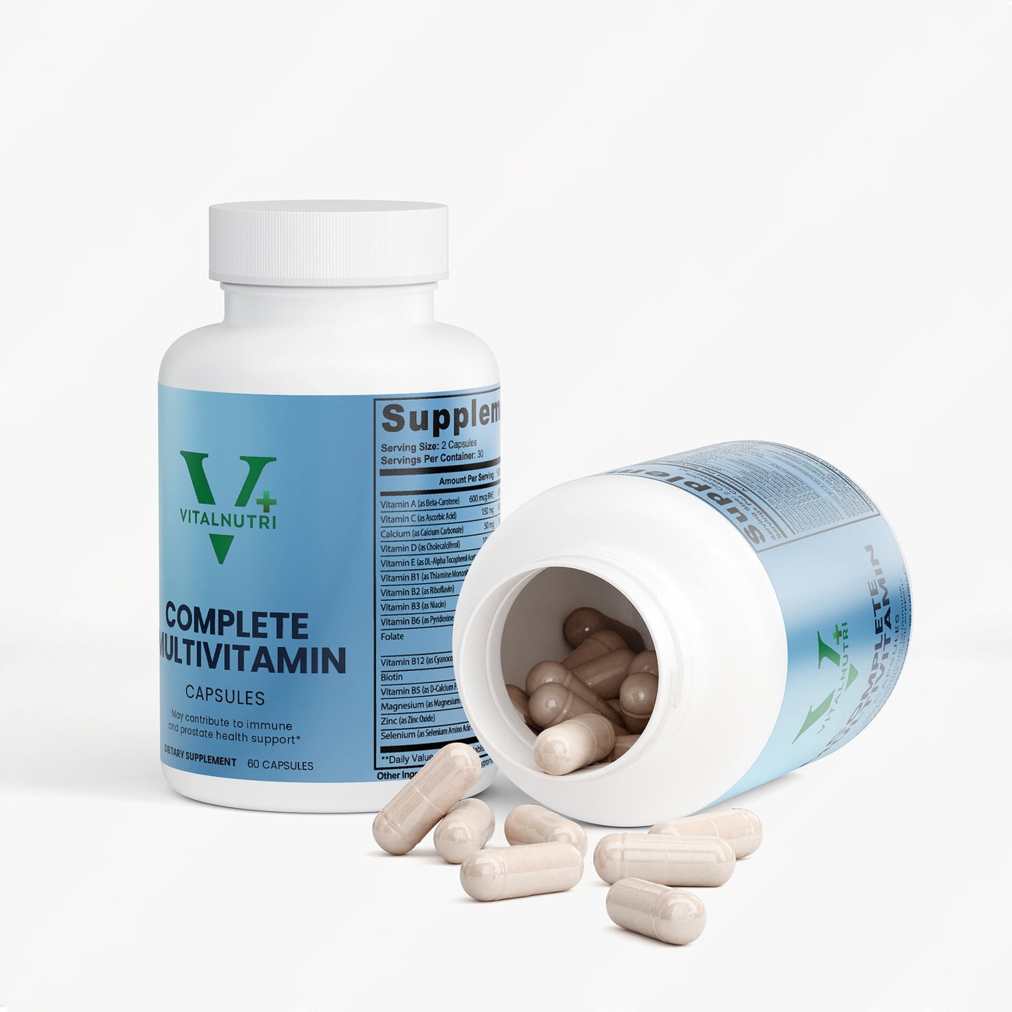 Vitalnutri Complete Multivitamin capsules with open bottle on a white background